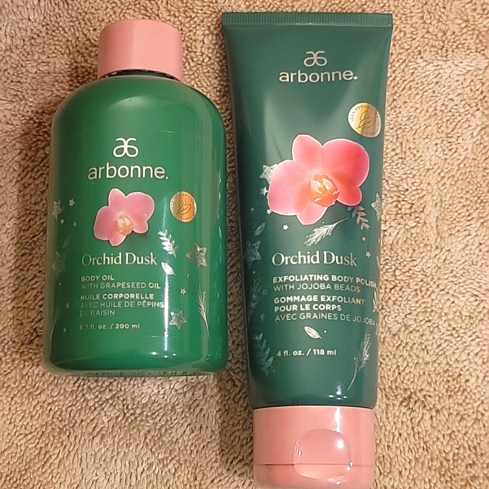 ***New never opened/sealed Arbonne Orchid Dusk Body Polish and Oil duo